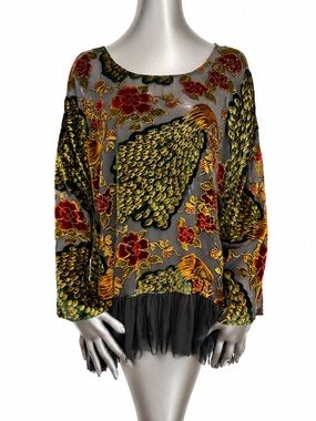 URU NWT Silk Rayon Velvet Burnout Peacock Floral Sheer Ruffle Tunic Sz 2